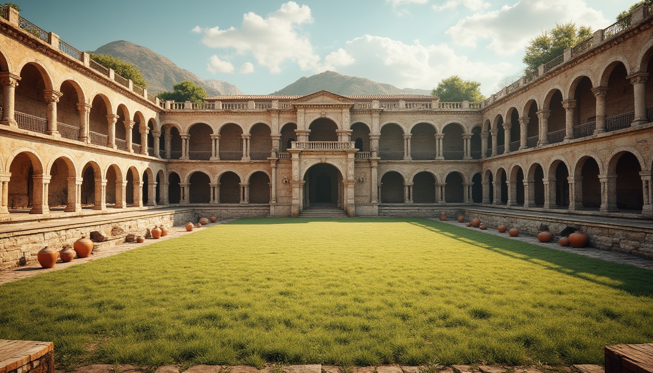 Prompt: Rustic sports field, natural grass, weathered stone walls, vintage metal fencing, distressed wood benches, earthy tones, terracotta pottery, ancient-inspired architecture, grand archways, ornate columns, warm sunny day, soft diffused lighting, shallow depth of field, 2/3 composition, panoramic view, realistic textures, ambient occlusion.