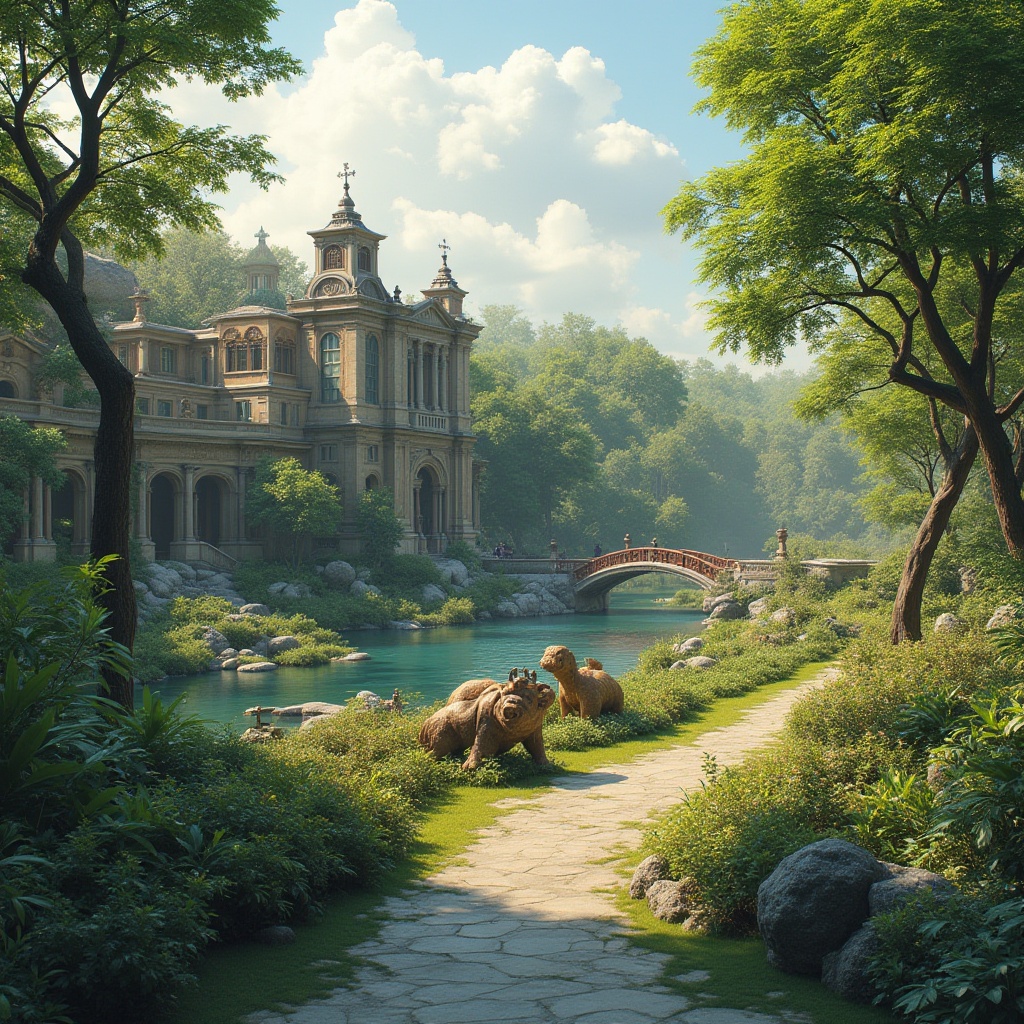 Prompt: Serene zoo landscape, lush greenery, exotic trees, walking paths, classic stone buildings, ornate facades, grand entrances, elegant archways, rustic wooden bridges, tranquil ponds, majestic animal sculptures, natural rock formations, warm sunny day, soft diffused lighting, shallow depth of field, 3/4 composition, panoramic view, realistic textures, ambient occlusion.