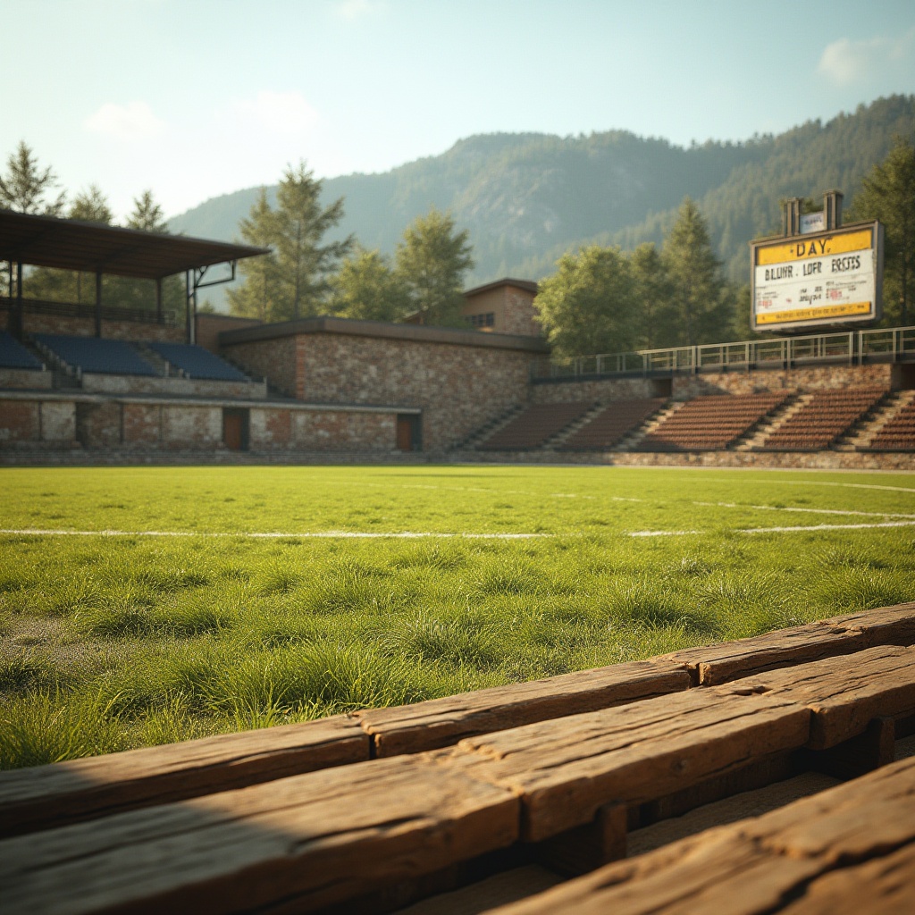 Prompt: Rustic sports fields, natural grass, weathered stone walls, earthy tone seating areas, wooden bleachers, vintage metal fences, distressed wood signage, classic scoreboard, warm sunny day, soft diffused lighting, shallow depth of field, 1/1 composition, realistic textures, ambient occlusion.