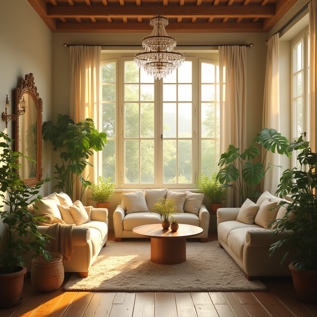 Prompt: Vibrant living room, floor-to-ceiling windows, soft natural light, warm beige walls, comfortable couches, rustic wooden flooring, lush green plants, elegant chandeliers, indirect lighting, ambient shadows, 1/2 composition, shallow depth of field, realistic textures, subtle color palette, relaxing atmosphere, morning sunlight, gentle warm glow.