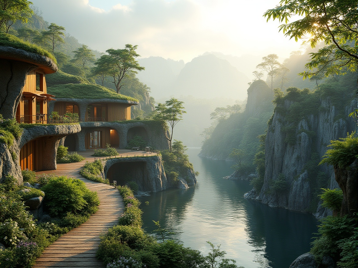 Prompt: Seamless landscape integration, organic architecture, curved lines, natural stone walls, green roofs, lush vegetation, serene water features, wooden decks, scenic overlooks, rustic pathways, tranquil atmosphere, soft warm lighting, misty morning, 3/4 composition, panoramic view, realistic textures, ambient occlusion, harmonious coexistence of nature and built environment.