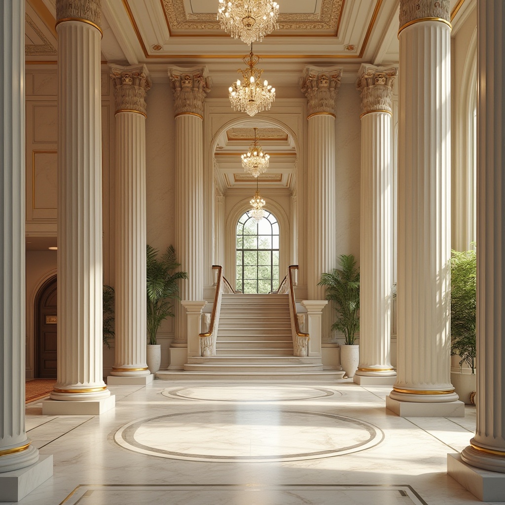 Prompt: Elegant neoclassical facade, soft cream marble, warm beige stone, rich dark wood accents, ornate gold details, subtle ivory trim, muted earthy tones, stately columns, symmetrical composition, classical proportions, grand entrance, sweeping staircases, crystal chandeliers, opulent furnishings, natural light pouring in, high ceilings, spacious interiors, realistic textures, ambient occlusion.