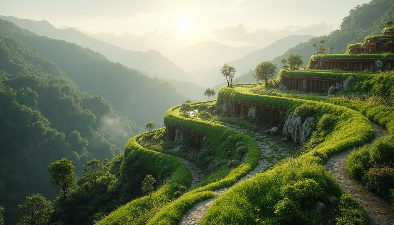 Prompt: Sloping green roofs, lush vegetation, natural stone walls, wooden accents, curved lines, organic shapes, seamless transitions, blurred boundaries, native plant species, meandering pathways, scenic overlooks, panoramic views, misty mornings, warm sunlight, soft focus, 1/1 composition, atmospheric perspective, subtle textures, ambient occlusion.