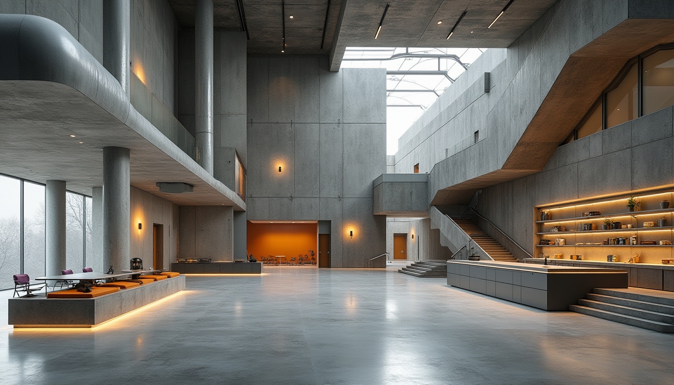 Prompt: Exterior concrete walls, raw brutalist architecture, functional laboratory equipment, industrial-style lighting fixtures, exposed ductwork, minimalist interior design, polished concrete floors, geometric staircases, cantilevered balconies, angular building forms, dramatic natural light, high ceilings, open floor plans, modular furniture systems, bold color accents, textured rough-hewn stone, metallic materials, abstract sculptural elements, dynamic shadows, 1/1 composition, high-contrast lighting, realistic atmospheric effects.