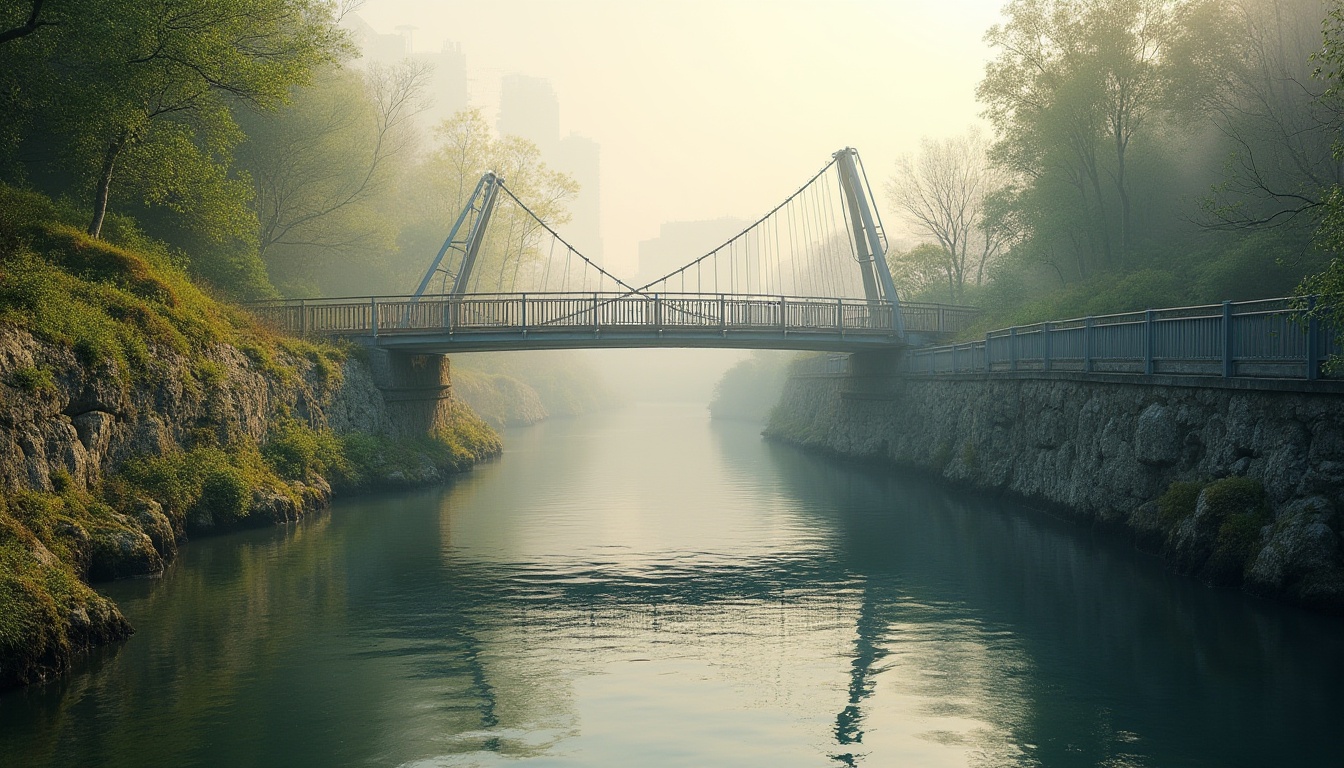 Prompt: \Scenic riverbanks, lush vegetation, rustic stone walls, wooden pedestrian bridges, modern cable-stayed bridge design, sleek steel arches, suspension cables, urban cityscape, misty morning atmosphere, soft warm lighting, shallow depth of field, 3/4 composition, panoramic view, realistic water textures, ambient occlusion, harmonious integration with surrounding landscape.\