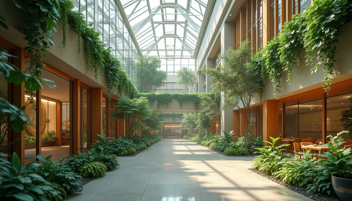 Prompt: Vibrant atrium, lush green walls, skylights, clerestory windows, large glass facades, transparent roofs, open floor plans, minimalist decor, reflective surfaces, polished floors, natural stone textures, wooden accents, earthy color palette, soft warm lighting, shallow depth of field, 3/4 composition, panoramic view, realistic textures, ambient occlusion.Let me know if this meets your requirements!