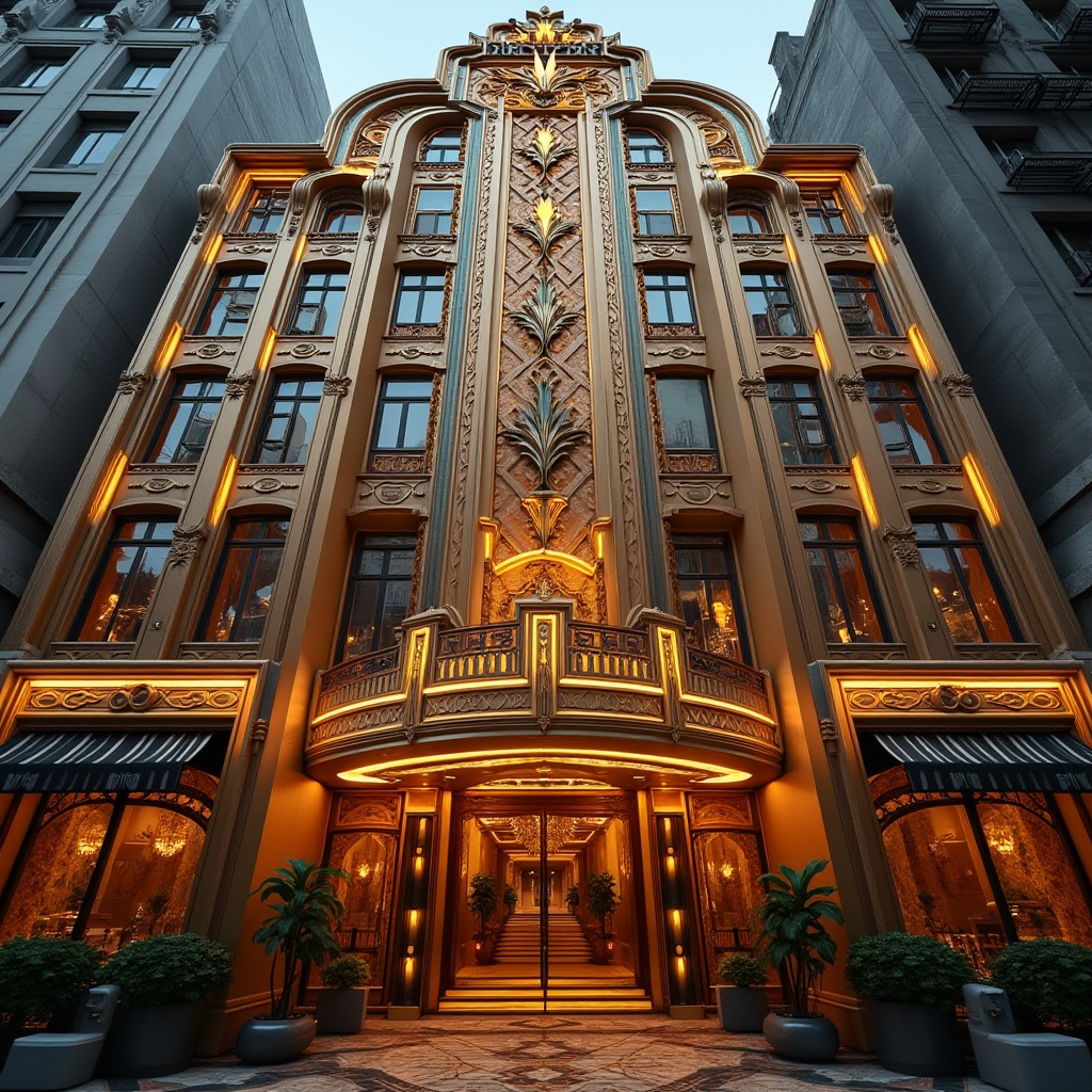 Prompt: Ornate Art Deco building, luxurious metallic facade, geometric patterns, zigzag motifs, chevron details, bold colorful accents, opulent ornateness, lavish decorations, curved lines, circular shapes, sunburst designs, ornamental metalwork, lavish entranceways, grandiose staircases, glamorous chandeliers, sophisticated lighting fixtures, warm golden illumination, low-angle shot, cinematic composition, high-contrast rendering, intricate textures, detailed normal maps.