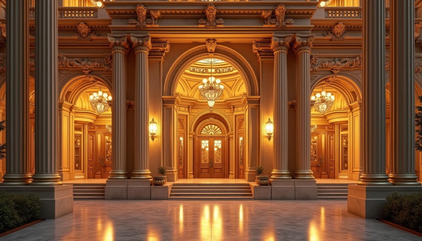 Prompt: Luxurious building facade, golden metallic sheen, ornate details, symmetrical composition, grand entranceways, opulent columns, intricate stonework, warm ambient lighting, sunset-inspired hues, rich textures, 3D modeling, high-contrast rendering, shallow depth of field, 1/2 composition, realistic reflections, detailed normal mapping.