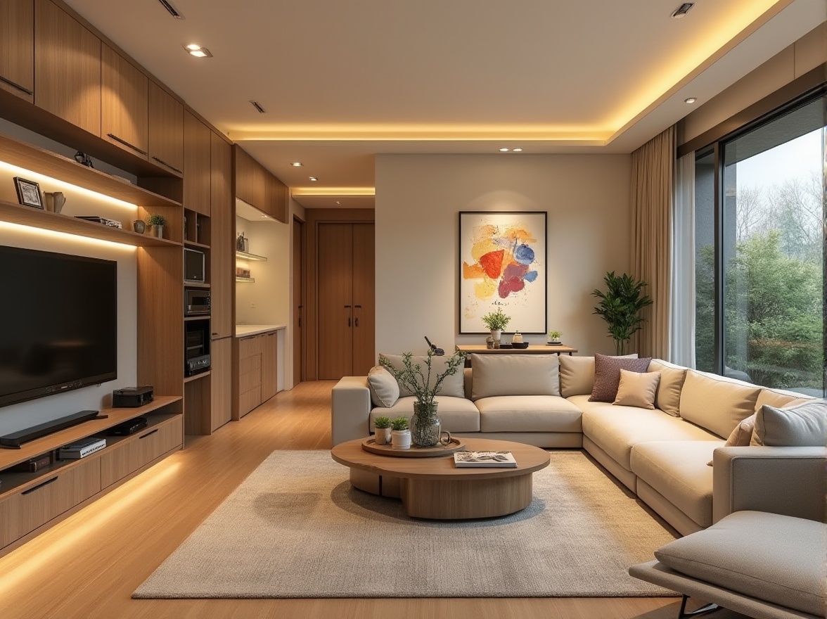 Prompt: Modern living room, sleek furniture, minimalist decor, functional storage units, hidden appliances, smart home technology, ambient lighting, warm beige walls, polished wooden floors, comfortable seating areas, coffee tables, greenery, natural textiles, abstract artwork, vibrant accent colors, 1/1 composition, shallow depth of field, softbox lighting, realistic reflections.