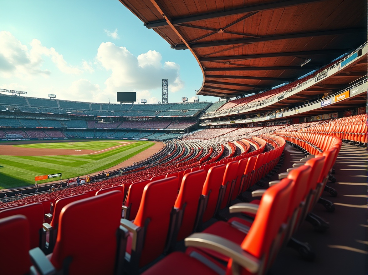 Prompt: Elegant stadium, tiered seating, plush cushions, ergonomic chairs, ample legroom, sturdy metal frames, vibrant team colors, clear signage, concession stands, refreshing beverages, warm sunny day, soft natural lighting, shallow depth of field, 3/4 composition, panoramic view, realistic textures, ambient occlusion.