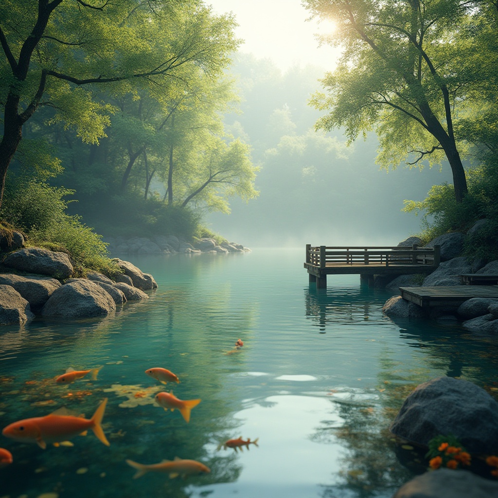 Prompt: Tranquil lake, gentle ripples, lush greenery, natural stone edges, wooden docks, serene water reflections, soft misty atmosphere, warm sunlight filtering through trees, vibrant aquatic plants, colorful fish swimming, rustic wooden bridges, peaceful waterfalls, shallow water pools, calming sound of flowing water, realistic rock textures, 3/4 composition, panoramic view, soft warm lighting, ambient occlusion.