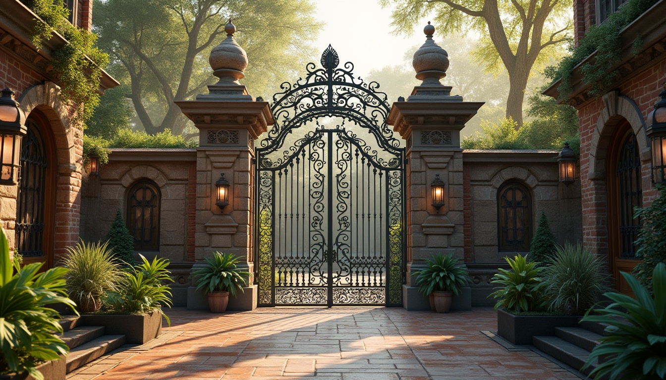 Prompt: Grand zoo entrance, ornate iron gates, majestic stone pillars, intricately carved wooden doors, rustic brick facades, vintage lanterns, lush greenery, exotic animal sculptures, classic European-inspired architecture, symmetrical composition, warm golden lighting, shallow depth of field, 1/1 aspect ratio, realistic textures, ambient occlusion.