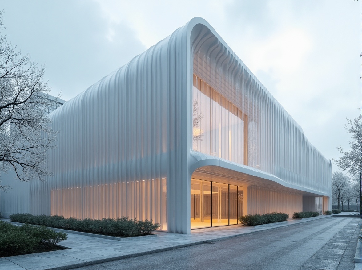 Prompt: Contemporary building facade, polycarbonate exterior cladding, translucent walls, diffuse natural light, thermal insulation, sustainable architecture, energy-efficient design, futuristic aesthetic, sleek curves, minimalist ornamentation, urban cityscape, gray cloudy sky, soft diffused lighting, shallow depth of field, 2/3 composition, realistic reflections, ambient occlusion.