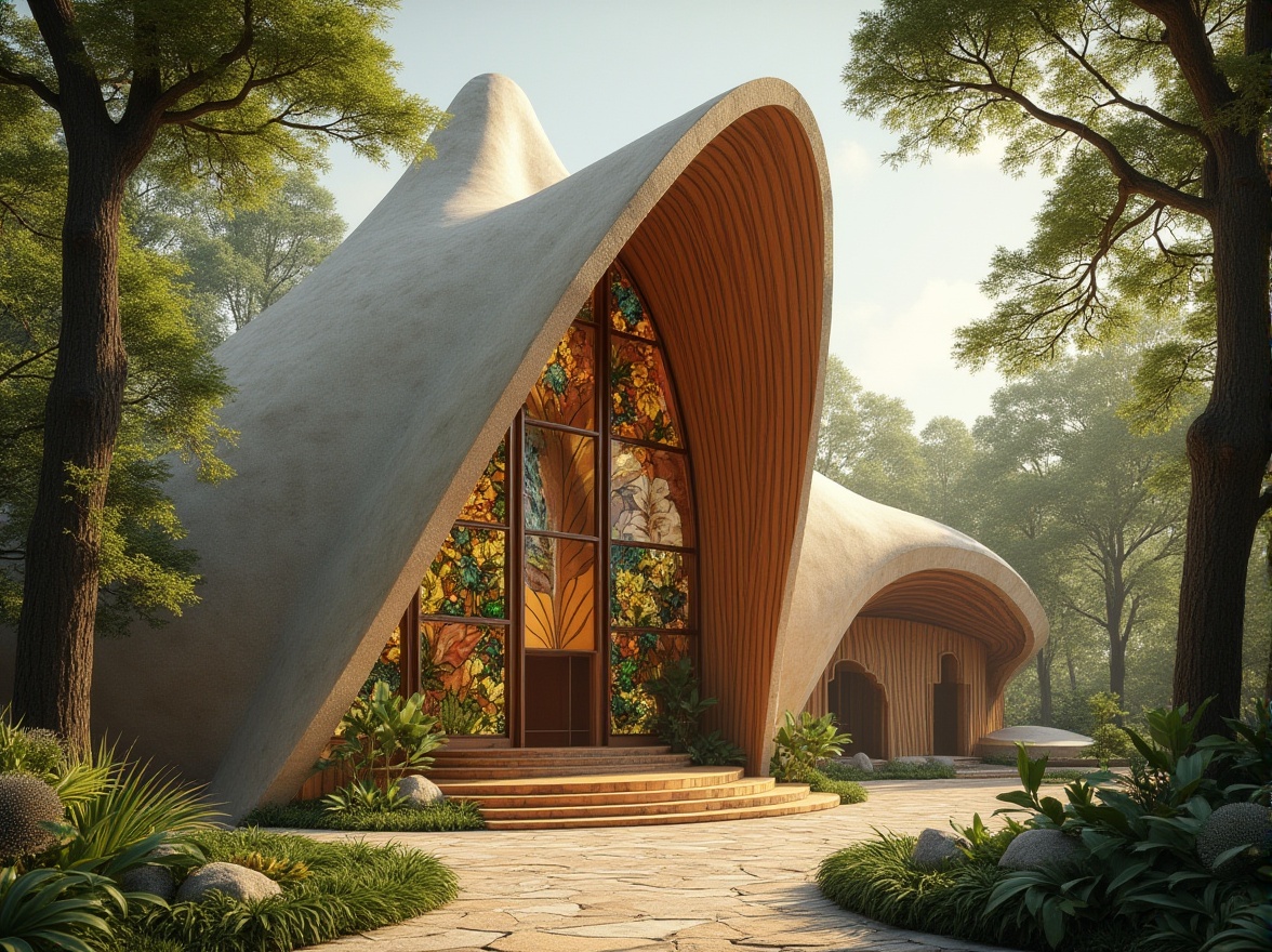 Prompt: Organic church design, flowing curves, natural stone fa\u00e7ade, stained glass windows, wooden accents, earthy tones, lush greenery, serene ambiance, soft warm lighting, shallow depth of field, 3/4 composition, panoramic view, realistic textures, ambient occlusion, botanical motifs, intricate carvings, ornate details, sacred symbols, peaceful atmosphere, natural ventilation systems, energy-efficient design, sustainable building materials, eco-friendly roofing, innovative acoustic solutions.