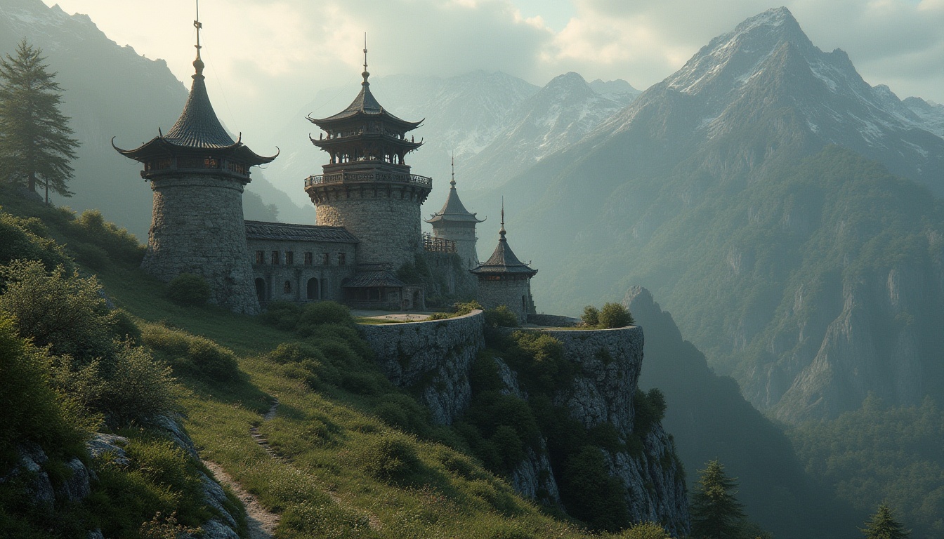 Prompt: Majestic watchtowers, ancient stone structures, rustic wooden accents, overgrown vegetation, moss-covered walls, rugged mountainous backdrop, misty atmosphere, soft warm lighting, dramatic cloud formations, 1/2 composition, symmetrical framing, realistic textures, ambient occlusion.