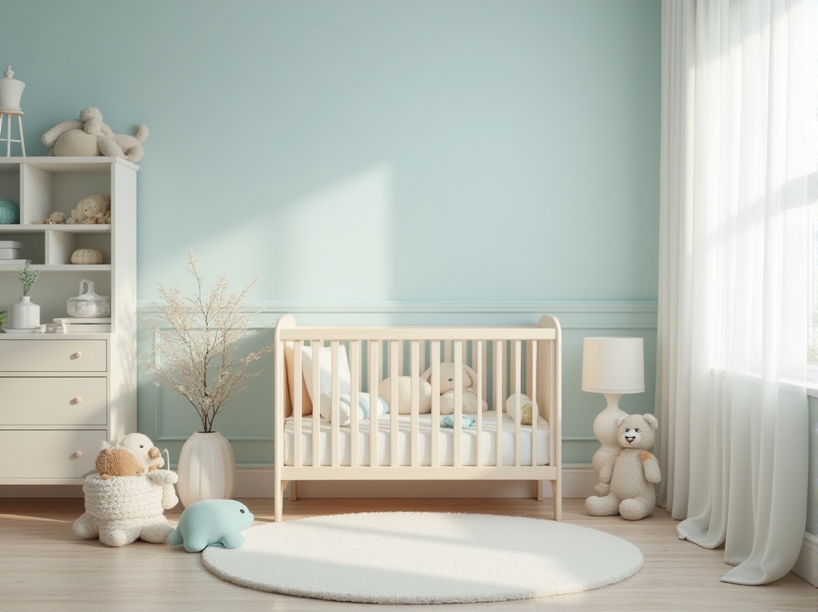 Prompt: Soften baby blue nursery, pastel colors, gentle wooden cribs, plush toys, soft blankets, warm lighting, cozy atmosphere, serene ambiance, calming mood, minimalist decor, white furniture, cream accents, subtle patterns, delicate textures, shallow depth of field, 1/1 composition, realistic rendering, ambient occlusion.