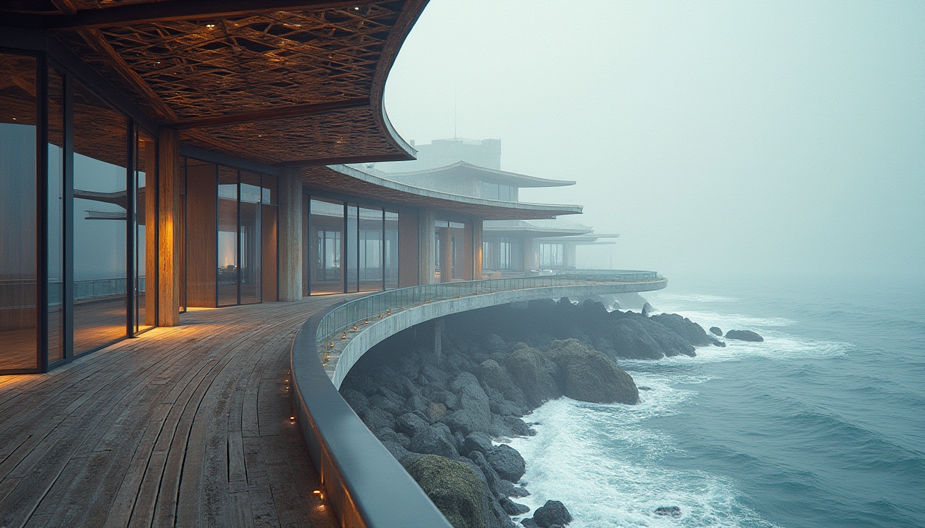 Prompt: Curved coastal promenade, ocean waves crashing, salty sea air, rust-resistant steel framework, intricate wooden latticework, textured concrete finishes, weathered wooden planks, beachside pavilions, cantilevered rooflines, asymmetrical compositions, dramatic overhangs, translucent glass railings, ambient ocean lighting, soft misty atmosphere, 1/2 composition, low-angle shot, realistic ocean sounds, subtle water reflections.