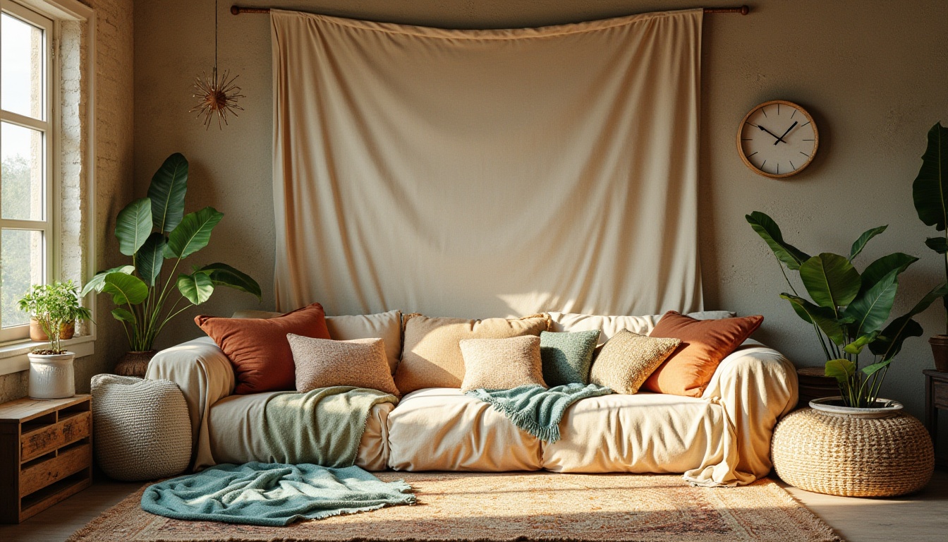 Prompt: Richly textured fabrics, bohemian-inspired patterns, earthy tones, warm beige backgrounds, soft sage accents, muted turquoise hues, creamy whites, distressed wood textures, natural stone walls, eclectic vintage decor, lush greenery, warm golden lighting, shallow depth of field, 1/1 composition, realistic textures, ambient occlusion.