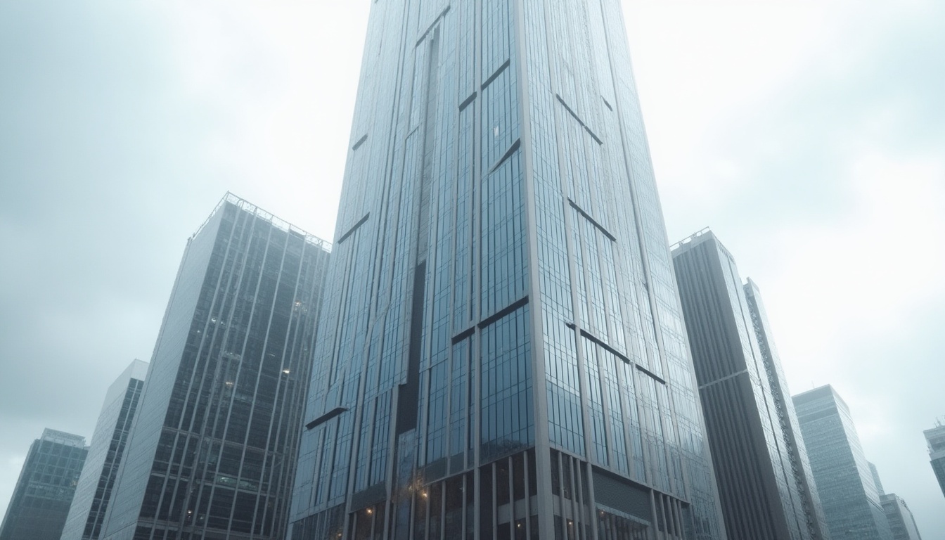 Prompt: Sleek skyscraper, minimalist facade, clean lines, rectangular forms, neutral color palette, reflective glass surfaces, metallic accents, modern urban landscape, bustling city streets, cloudy day, soft diffused lighting, shallow depth of field, 2/3 composition, symmetrical view, realistic reflections, ambient occlusion, subtle texture details, simplified shapes, industrial materials, functional design elements.