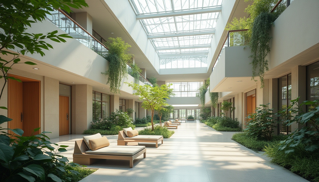 Prompt: Spacious hospital atrium, abundant greenery, clerestory windows, skylights, transparent roofs, minimal obstructions, reflective surfaces, polished floors, bright corridors, open waiting areas, natural stone walls, wooden accents, minimalist design, energy-efficient systems, solar tubes, light shelves, prismatic lenses, diffuse lighting, soft warm glow, shallow depth of field, 1/1 composition, realistic textures, ambient occlusion.