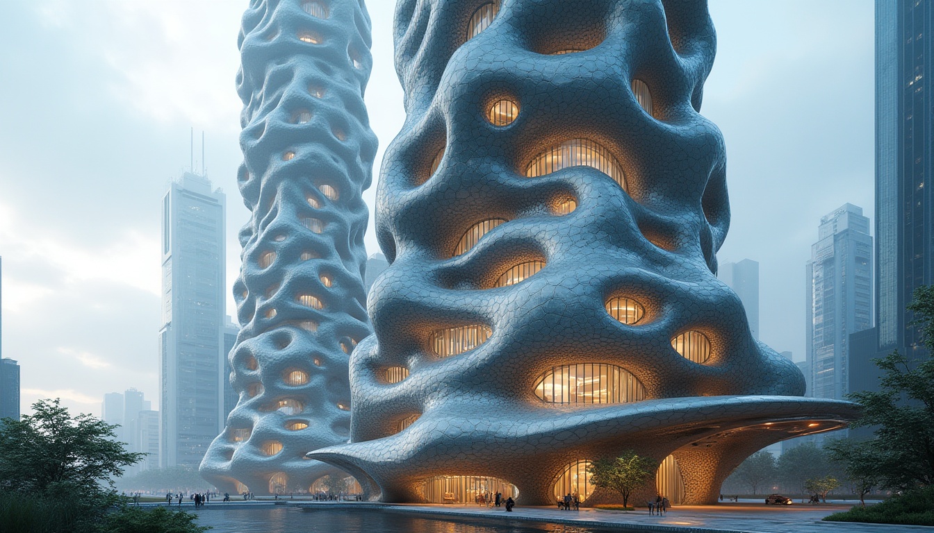 Prompt: Organic curvaceous facade, bioluminescent accents, iridescent glass panels, parametric metal frameworks, kinetic folding structures, adaptive shading systems, biomimetic patterns, cellular-inspired textures, futuristic skyscraper, urban cityscape, cloudy day, soft diffused lighting, high-contrast rendering, 1/2 composition, cinematic view, advanced material properties, detailed normal maps.Let me know if this meets your requirements!