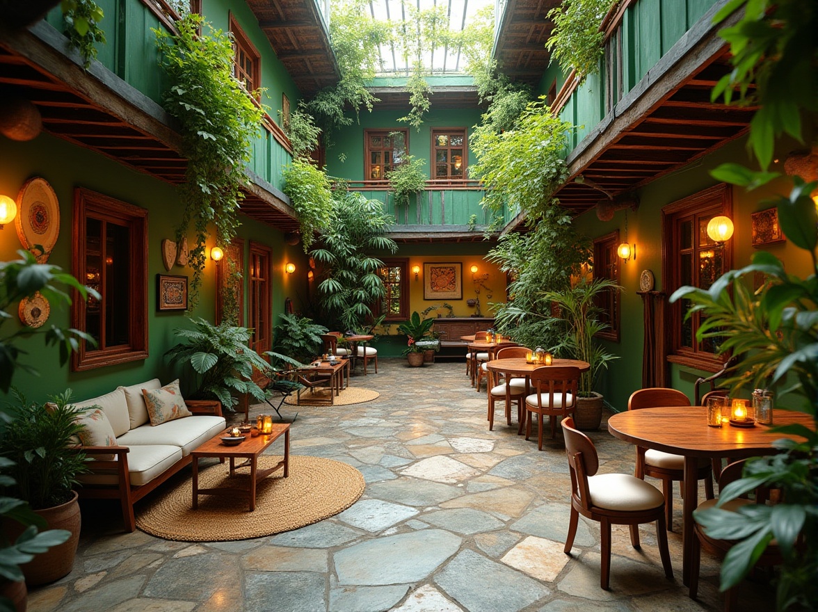 Prompt: Vibrant hostel courtyard, lush green walls, natural stone flooring, wooden accents, cozy seating areas, hammocks, lanterns, eclectic furniture, global-inspired textiles, colorful murals, communal kitchenette, rustic wood tables, pendant lighting, abundant plants, sunny atrium, soft warm ambiance, shallow depth of field, 1/1 composition, realistic textures, ambient occlusion.