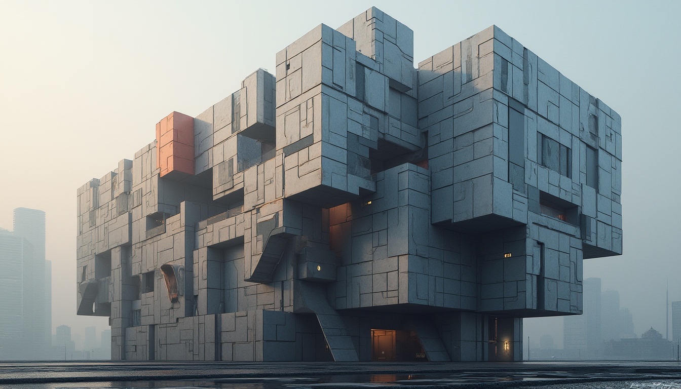 Prompt: Geometric building facade, fragmented forms, intersecting planes, abstract compositions, bold color blocking, futuristic aesthetic, metallic materials, reflective surfaces, irregular shapes, cantilevered structures, dynamic diagonal lines, urban cityscape, morning misty atmosphere, soft diffused lighting, shallow depth of field, 2/3 composition, symmetrical view, realistic textures, ambient occlusion.