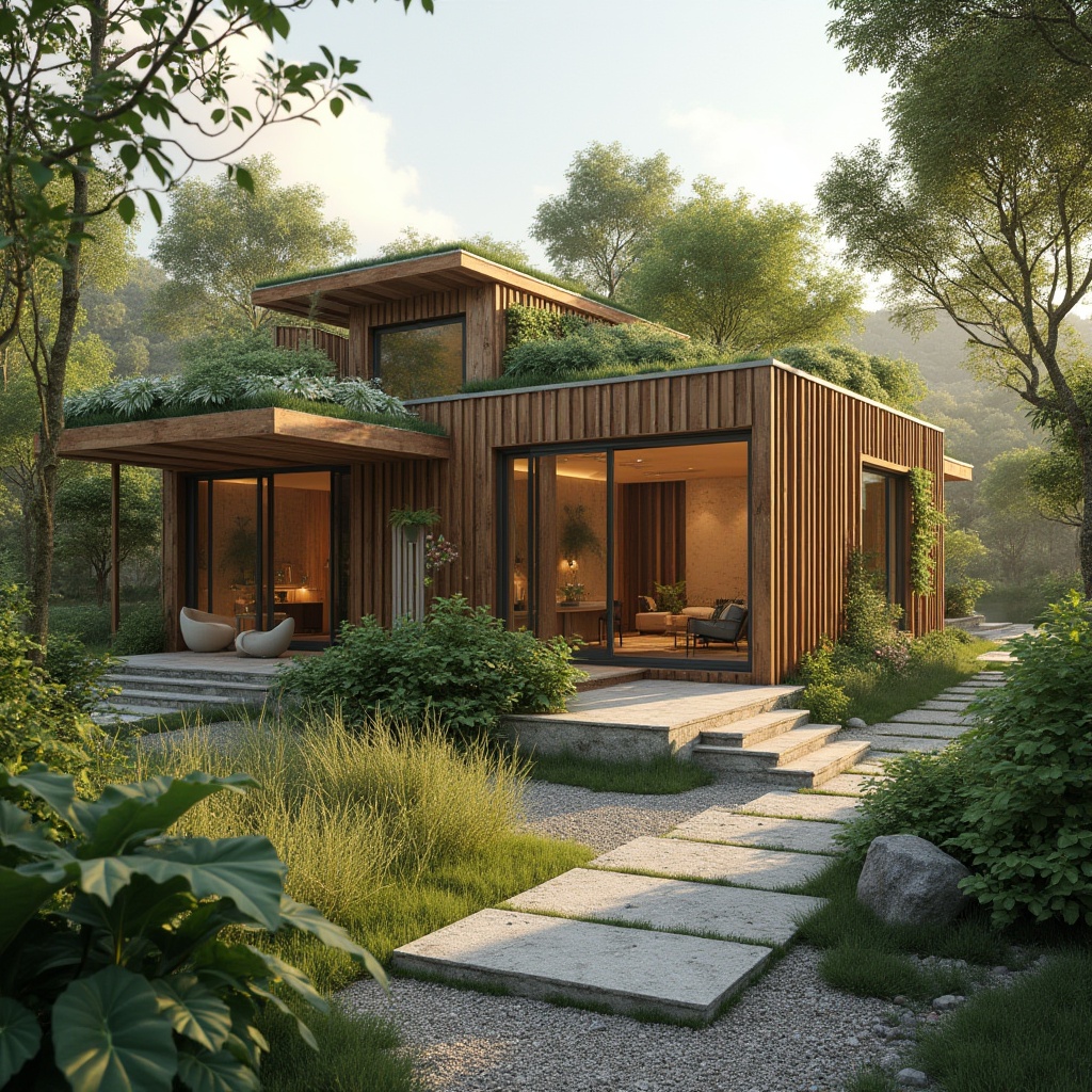 Prompt: Eco-friendly building, sustainable materials, reclaimed wood, low-carbon footprint, green roofs, living walls, natural stone, bamboo flooring, recycled glass, solar panels, wind turbines, rainwater harvesting systems, minimalist decor, organic shapes, earthy tones, warm ambient lighting, shallow depth of field, 3/4 composition, realistic textures, ambient occlusion.