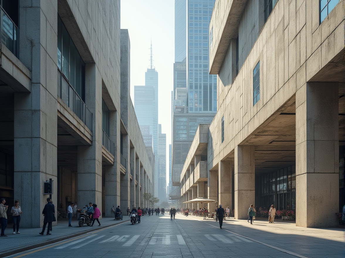 Prompt: Exposed concrete structures, brutalist aesthetics, raw industrial materials, sleek metal accents, glass facades, minimalist ornamentation, functional simplicity, urban cityscape, modern skyscrapers, busy streets, morning sunlight, soft natural lighting, shallow depth of field, 3/4 composition, realistic textures, ambient occlusion.