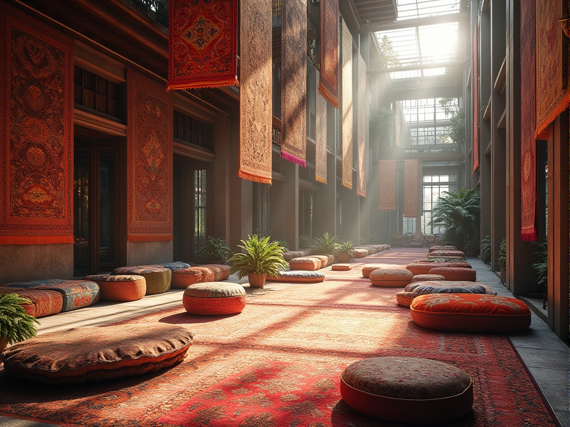 Prompt: Vibrant woven fabrics, intricate patterns, colorful tapestries, luxurious upholstery, ornate rugs, eclectic textures, modern architecture, sleek metal frames, minimalist design, spacious atriums, natural light pouring, soft warm glow, 3/4 composition, shallow depth of field, realistic materials, ambient occlusion.