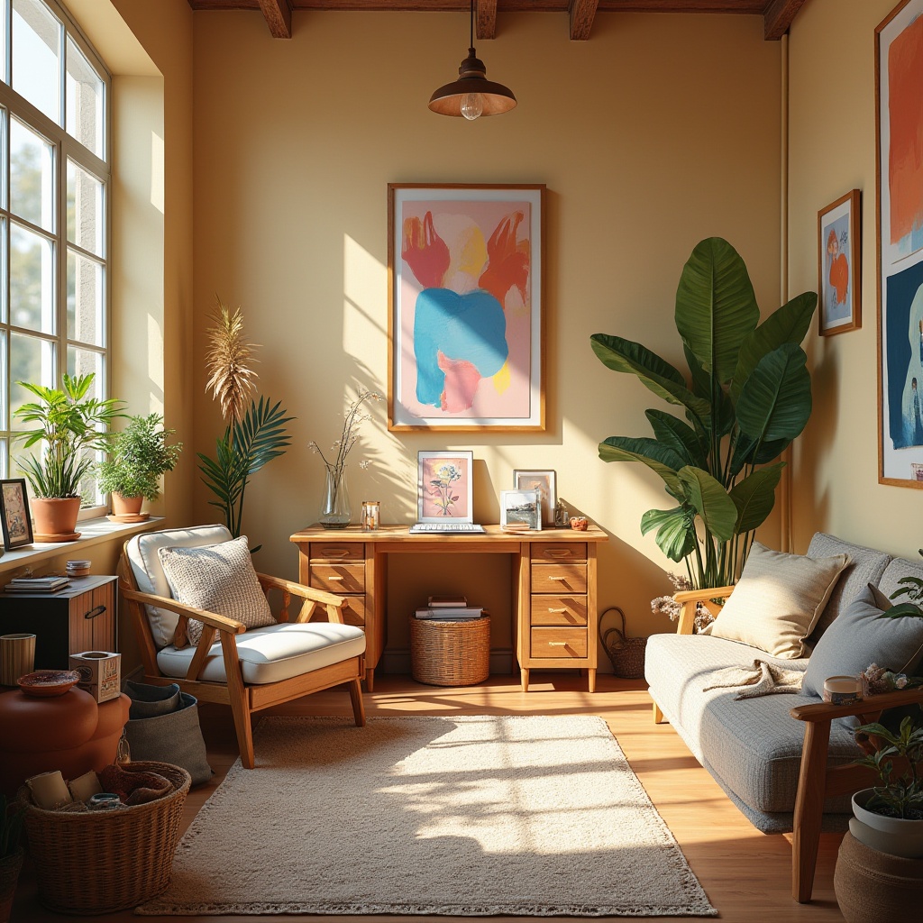 Prompt: Vibrant artistic studio, eclectic decorative accents, warm beige walls, rich wood furniture, bold colorful artwork, pastel-hued fabrics, creamy whites, soft grays, calming blues, earthy terracotta tones, natural textiles, woven baskets, potted greenery, abundant sunlight, airy atmosphere, shallow depth of field, 1/2 composition, realistic textures, subtle ambient occlusion.