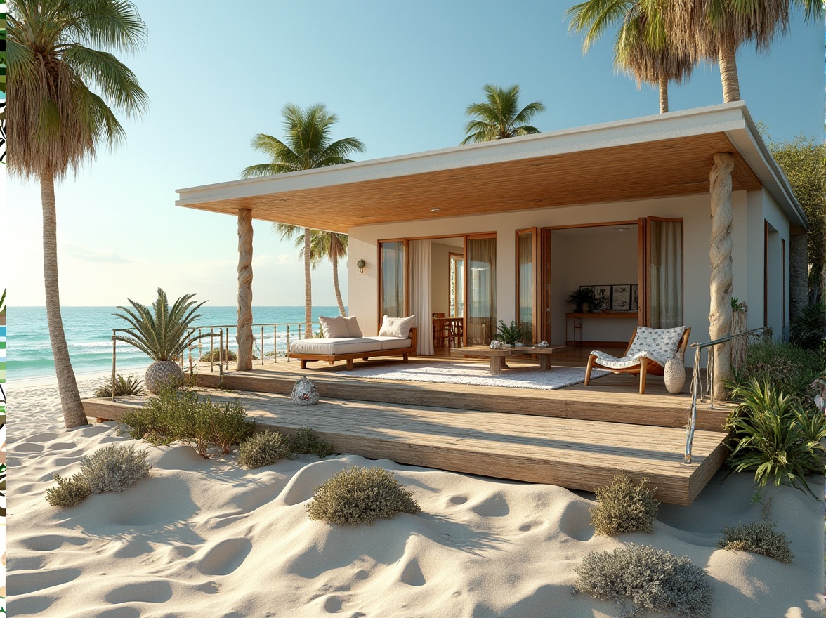 Prompt: Seaside beach house, driftwood accents, weathered wooden decks, nautical rope railings, ocean-inspired color palette, sandy dunes, seashell decorations, coral-patterned textiles, tropical plants, palm trees, sunny day, soft warm lighting, shallow depth of field, 3/4 composition, panoramic view, realistic textures, ambient occlusion, modern minimalist design, large windows, sliding glass doors, open-plan living spaces, natural ventilation systems, eco-friendly building materials.