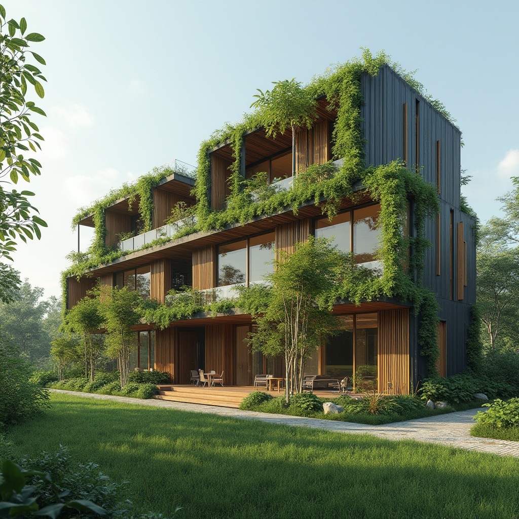 Prompt: Eco-friendly building, recycled metal fa\u00e7ade, living green walls, bamboo flooring, reclaimed wood accents, energy-efficient windows, solar panels, wind turbines, rainwater harvesting systems, grey water reuse, composting toilets, organic gardens, vertical farming, natural ventilation systems, passive solar design, thermal mass construction, low-carbon concrete, FSC-certified wood, cork insulation, earthship architecture, sustainable urban planning, futuristic skyscrapers, zero-waste policy, circular economy principles.