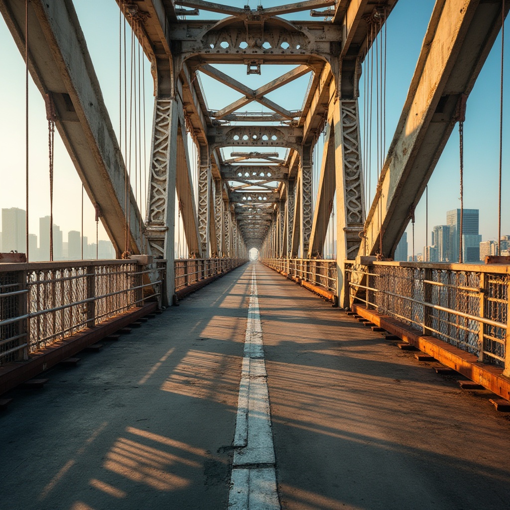 Prompt: Rust-resistant steel beams, durable concrete pillars, reinforced fiber-reinforced polymer decks, weathered wooden railings, galvanized metal coatings, robust cable systems, high-strength bolts, water-repellent membranes, slip-resistant surfaces, urban cityscape, modern bridge design, dramatic arches, symmetrical composition, warm golden lighting, shallow depth of field, 3/4 perspective, realistic textures, ambient occlusion.