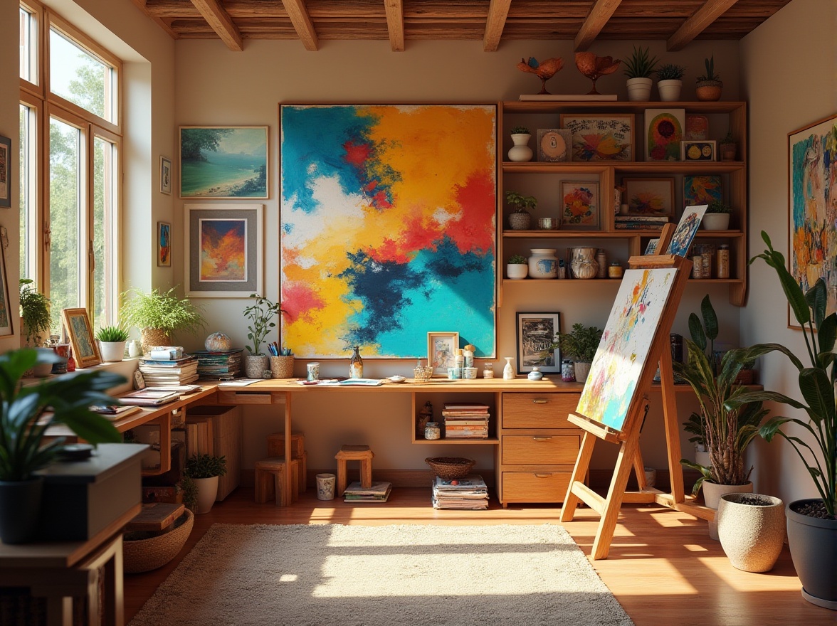 Prompt: Vibrant art studio, eclectic mix of colors, bold brushstrokes, abstract artwork, contemporary decor, wooden easel, artistic supplies, inspirational quotes, natural light pouring in, warm beige walls, rustic wooden floor, cozy atmosphere, soft ambient lighting, shallow depth of field, 1/1 composition, realistic textures, subtle color gradients.