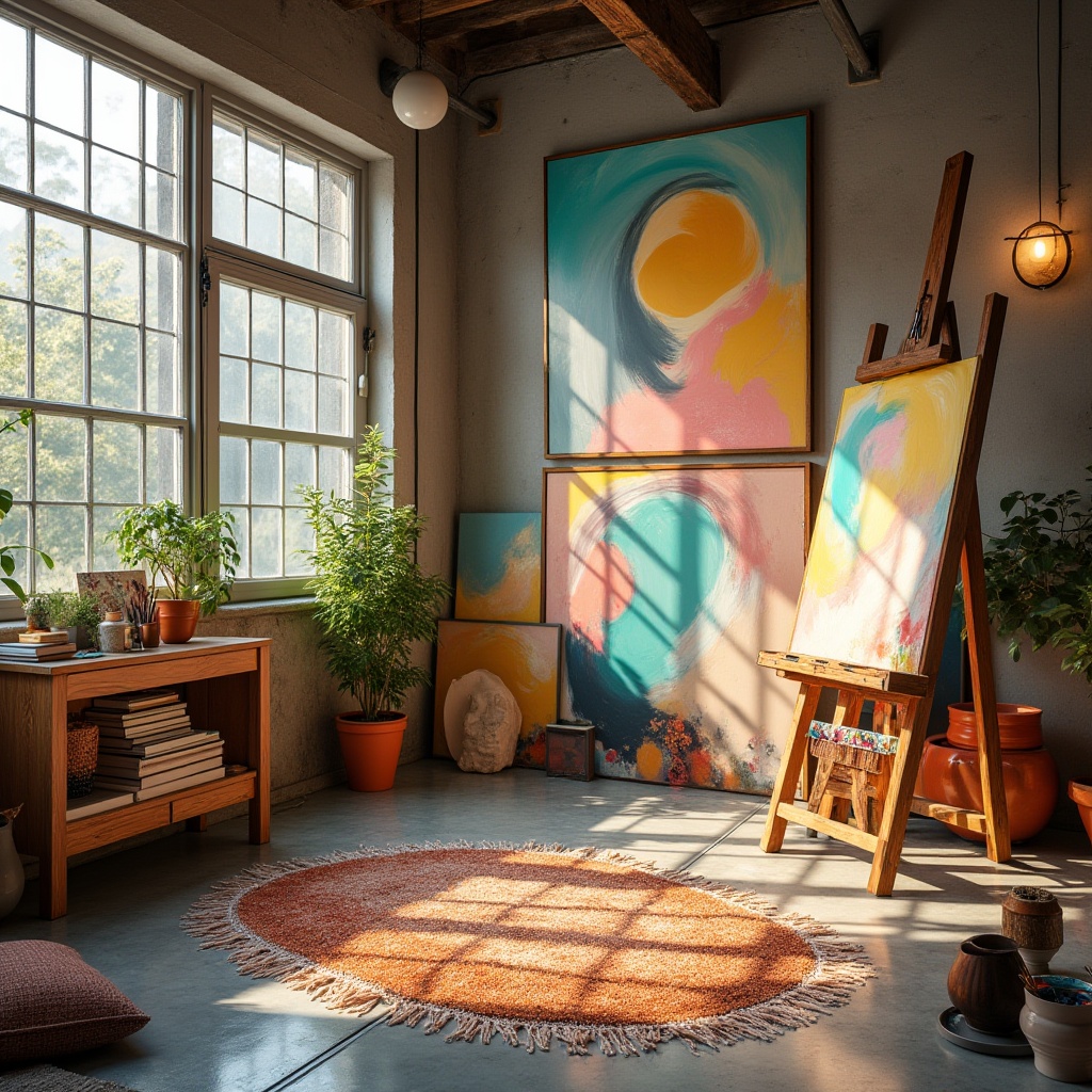 Prompt: Vibrant artistic studio, eclectic mix of colors, bold brushstrokes, inspiring artwork, creative freedom, wooden easel, paints and brushes, natural light pouring in, floor-to-ceiling windows, modern industrial architecture, polished concrete floors, reclaimed wood accents, cozy reading nook, plush area rug, minimalist decor, warm neutral tones, pops of bright coral, deep turquoise, sunny yellow, rich charcoal grey, soft blush pink, dramatic shadows, warm golden lighting, 1/1 composition, intimate atmosphere, realistic textures.