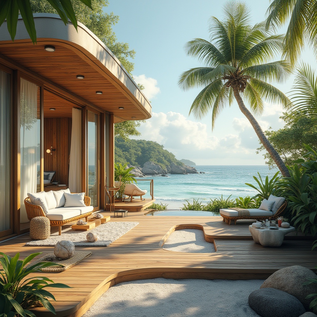 Prompt: Coastal villa, curved lines, natural materials, driftwood accents, ocean-inspired color palette, large windows, sliding glass doors, beachy textiles, nautical ropes, porthole windows, wooden decks, sandy walkways, seashell decorations, coral-patterned tiles, ocean breeze, warm sunlight, soft focus, shallow depth of field, 2/3 composition, symmetrical framing, vibrant tropical plants, palm trees, seaside rocks, misty morning atmosphere.