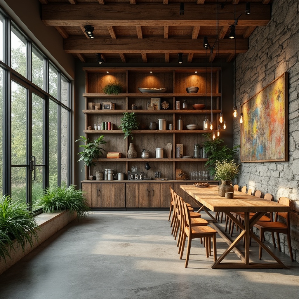 Prompt: Rustic wooden accents, reclaimed lumber, distressed textures, earthy color palette, natural stone walls, metallic frames, sleek glass surfaces, polished concrete floors, vibrant greenery, lush plants, soft warm lighting, ambient shadows, 3/4 composition, realistic reflections, subtle weathering effects.