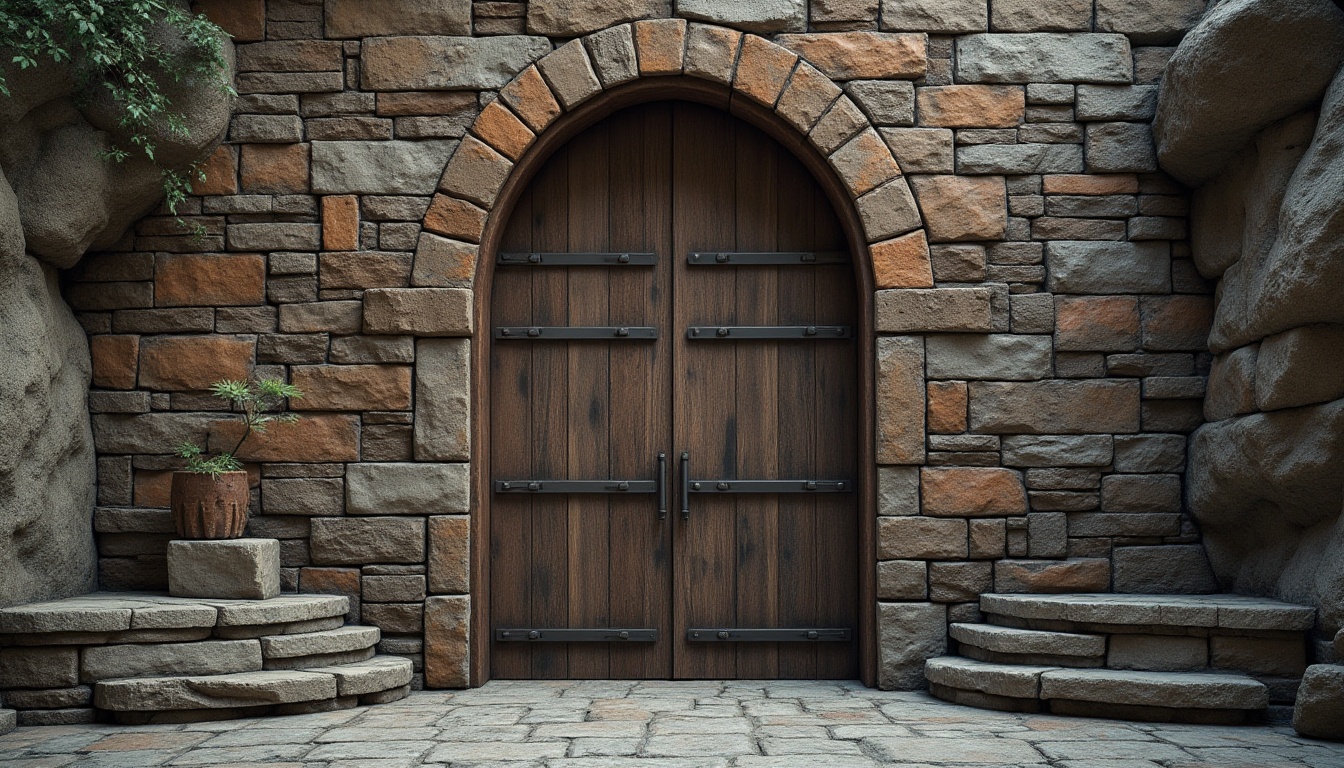 Prompt: Rustic stone walls, weathered wooden planks, rough-hewn concrete blocks, tactile brick facades, ornate metalwork, intricate masonry patterns, natural rock formations, earthy tones, organic shapes, brutalist architecture, dramatic shadows, low-key lighting, atmospheric mist, 3/4 composition, shallow depth of field, realistic textures, ambient occlusion.