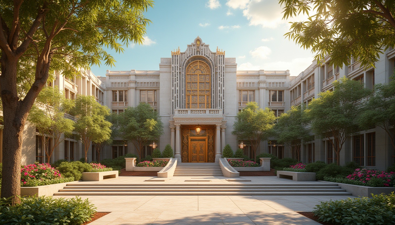 Prompt: Vibrant campus scene, ornate Art Deco facade, geometric patterns, metallic accents, curved lines, symmetrical composition, grand entrance, sweeping staircases, luxurious materials, marble floors, bronze details, elegant typography, lush greenery, blooming flowers, warm sunny day, soft diffused lighting, shallow depth of field, 3/4 composition, realistic textures, ambient occlusion.