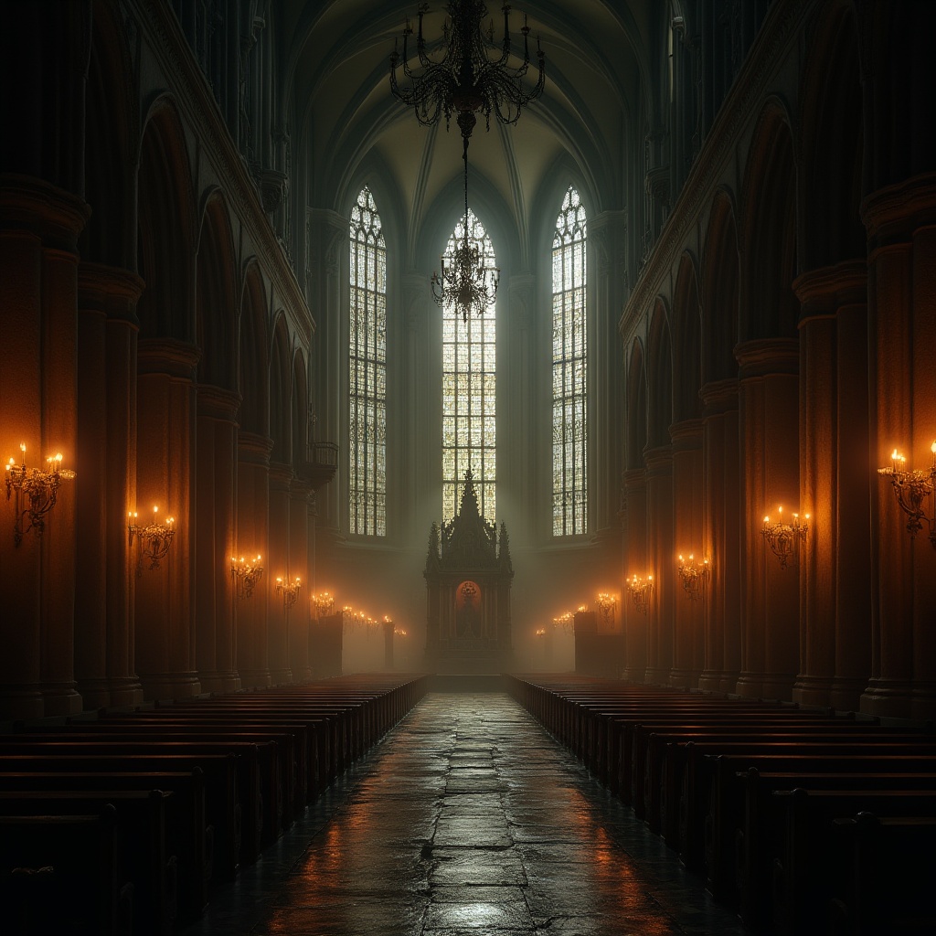 Prompt: Ominous cathedral interior, stained glass windows, dimly lit nave, flickering torches, mysterious shadows, eerie candelabras, grand chandelier, dramatic archways, intricate stone carvings, ornate wooden pews, mystical ambiance, warm golden lighting, soft misty atmosphere, high contrast ratio, cinematic composition, atmospheric depth of field, subtle lens flares.