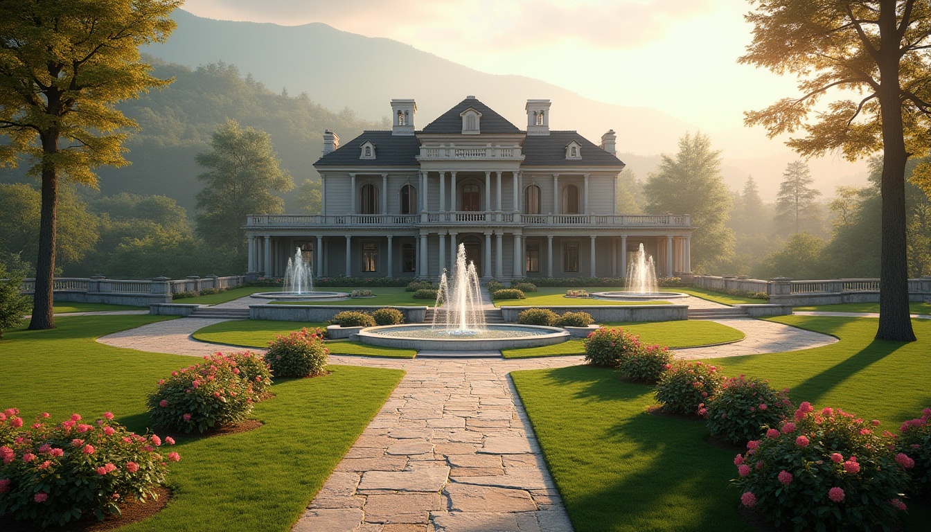 Prompt: Elegant mansion, symmetrical fa\u00e7ade, grand entrance, ornate fountains, lush green lawns, vibrant flowers, winding stone pathways, rustic wooden benches, classic columns, arched windows, soft warm lighting, shallow depth of field, 1/1 composition, panoramic view, realistic textures, ambient occlusion, serene natural surroundings, rolling hills, distant trees, misty morning atmosphere.