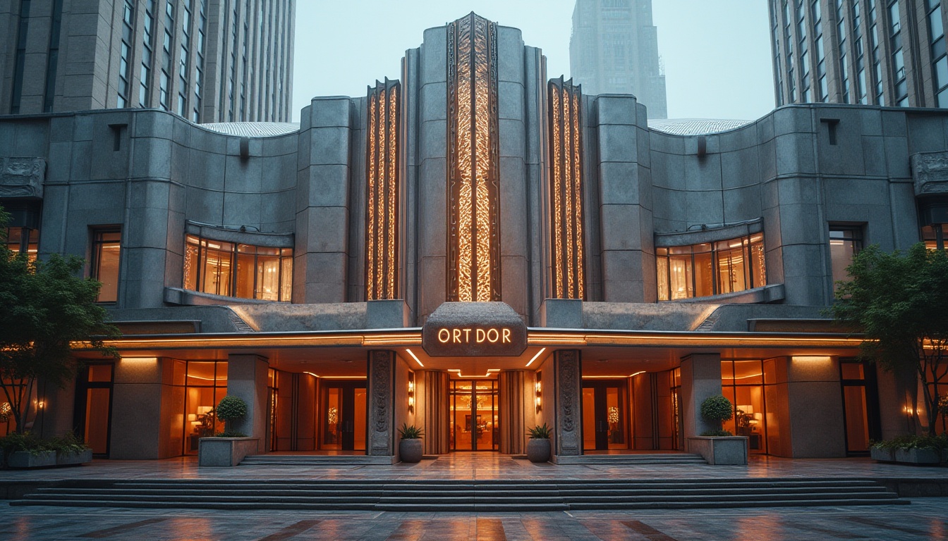 Prompt: Geometric Art Deco building, metallic facade, ornate details, zigzag patterns, chevron motifs, luxurious materials, polished marble, bronze accents, grand entrance, sweeping curves, symmetrical composition, vibrant neon lights, futuristic ambiance, urban cityscape, morning mist, shallow depth of field, 1/2 composition, cinematic view, realistic reflections, ambient occlusion.