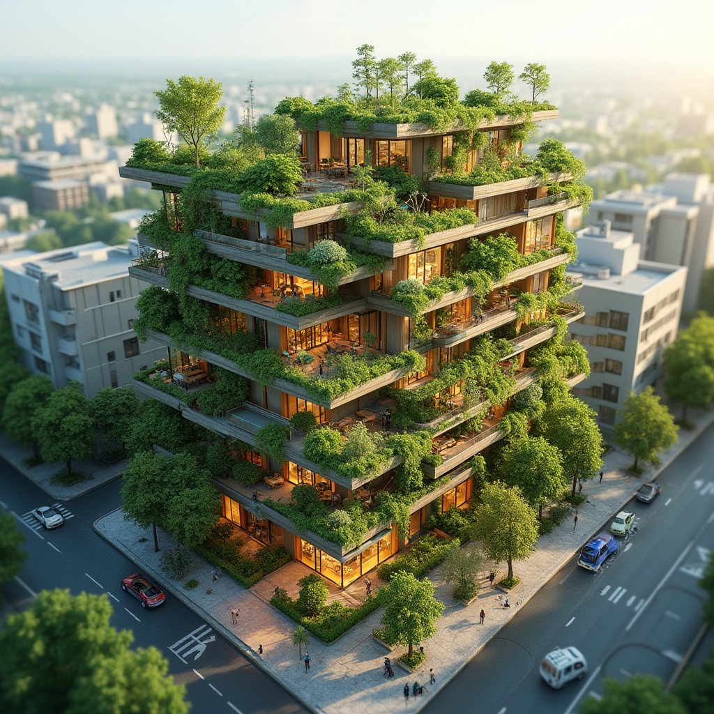 Prompt: Eco-friendly building, lush green roofs, vertical gardens, rainwater harvesting systems, solar panels, wind turbines, recycled materials, natural ventilation, passive design strategies, energy-efficient appliances, organic shapes, earthy tones, sustainable urban planning, vibrant street art, pedestrian-friendly streets, cycling infrastructure, public transportation hubs, scenic city views, warm natural lighting, shallow depth of field, 3/4 composition.