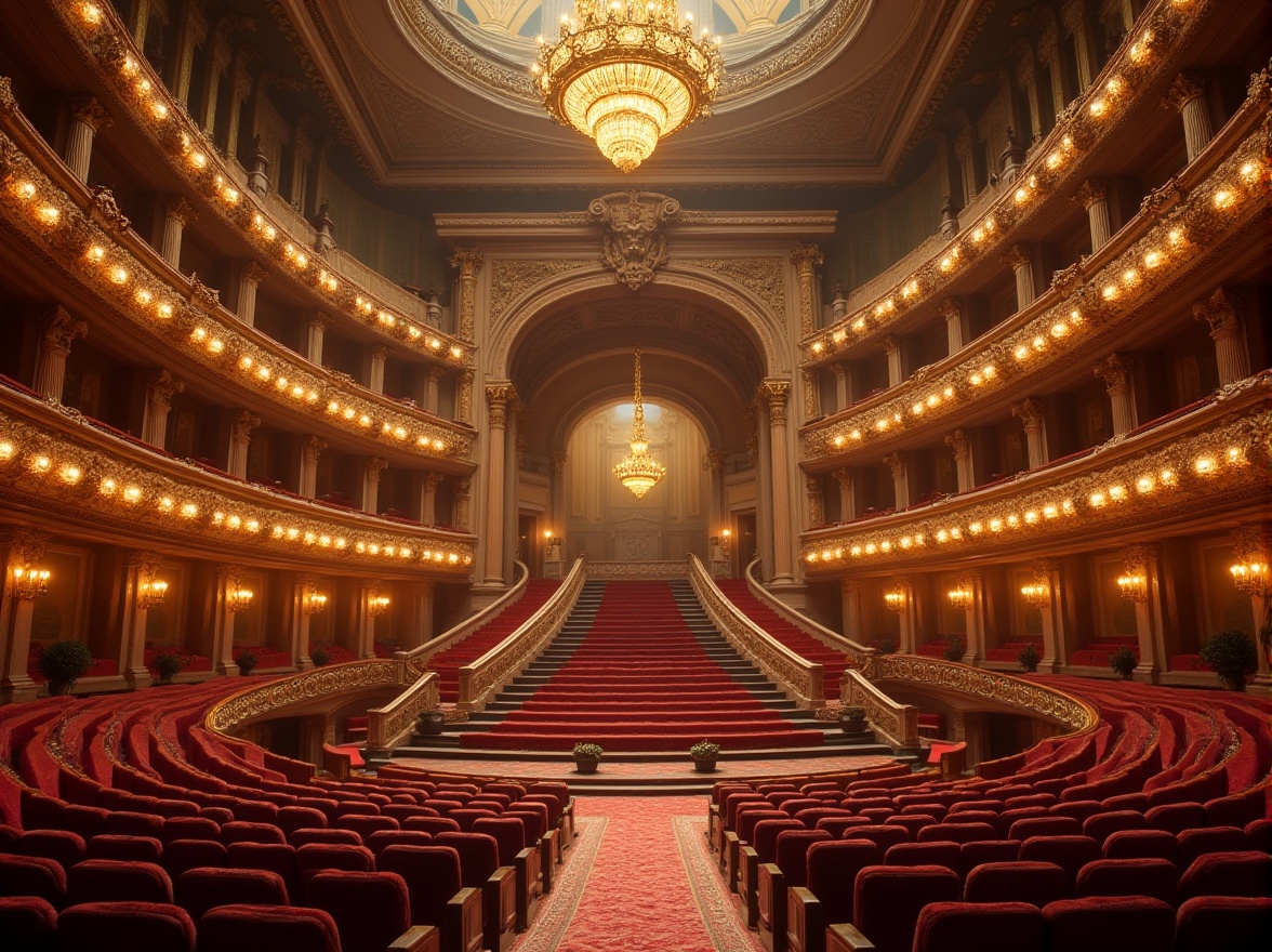 Prompt: Grand opera house, ornate facade, classical columns, intricately carved details, symmetrical composition, majestic entrance, sweeping staircases, grand chandeliers, opulent furnishings, rich velvet drapes, gilded accents, subtle color palette, warm golden lighting, dramatic spotlights, 1/1 composition, shallow depth of field, realistic textures, ambient occlusion.