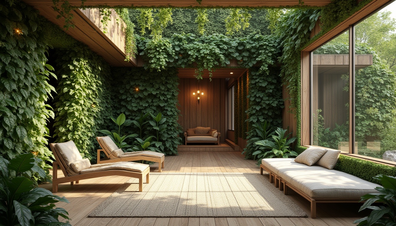 Prompt: Lush green walls, living plants, natural materials, reclaimed wood accents, organic shapes, earthy color palette, floor-to-ceiling windows, sliding glass doors, outdoor connections, seamless transitions, minimalist decor, natural textiles, woven fibers, botanical prints, nature-inspired patterns, warm ambient lighting, soft shadows, 1/1 composition, intimate scale, cozy atmosphere.