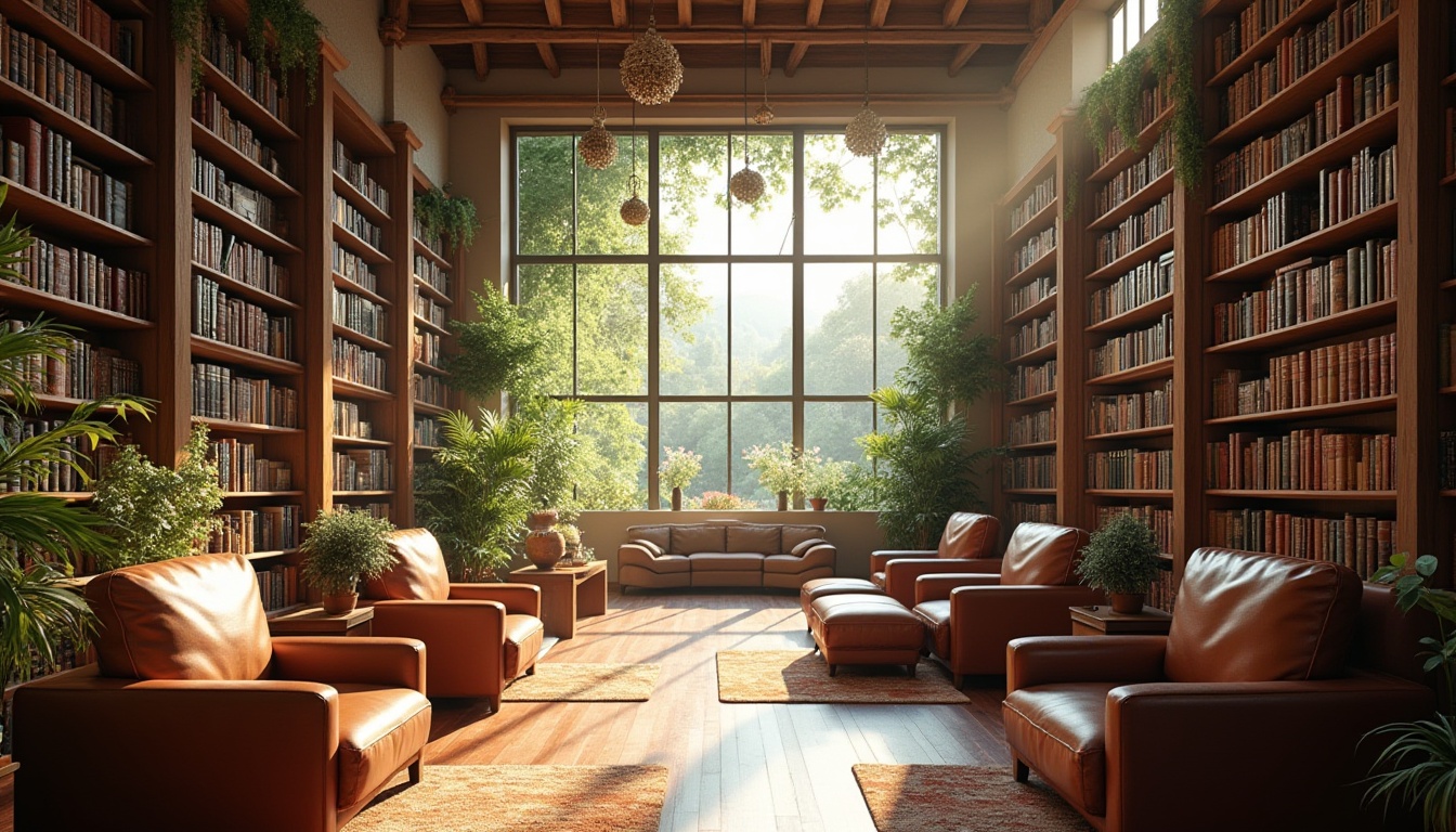 Prompt: Cozy library atmosphere, abundant natural light, floor-to-ceiling windows, wooden shelves, leather-bound books, comfortable reading nooks, soft warm glow, gentle shadows, minimalist decor, elegant chandeliers, sophisticated architecture, peaceful ambiance, serene study areas, lush greenery views, vibrant flowers, sunny day, high ceilings, open spaces, modern interior design, realistic textures, ambient occlusion.