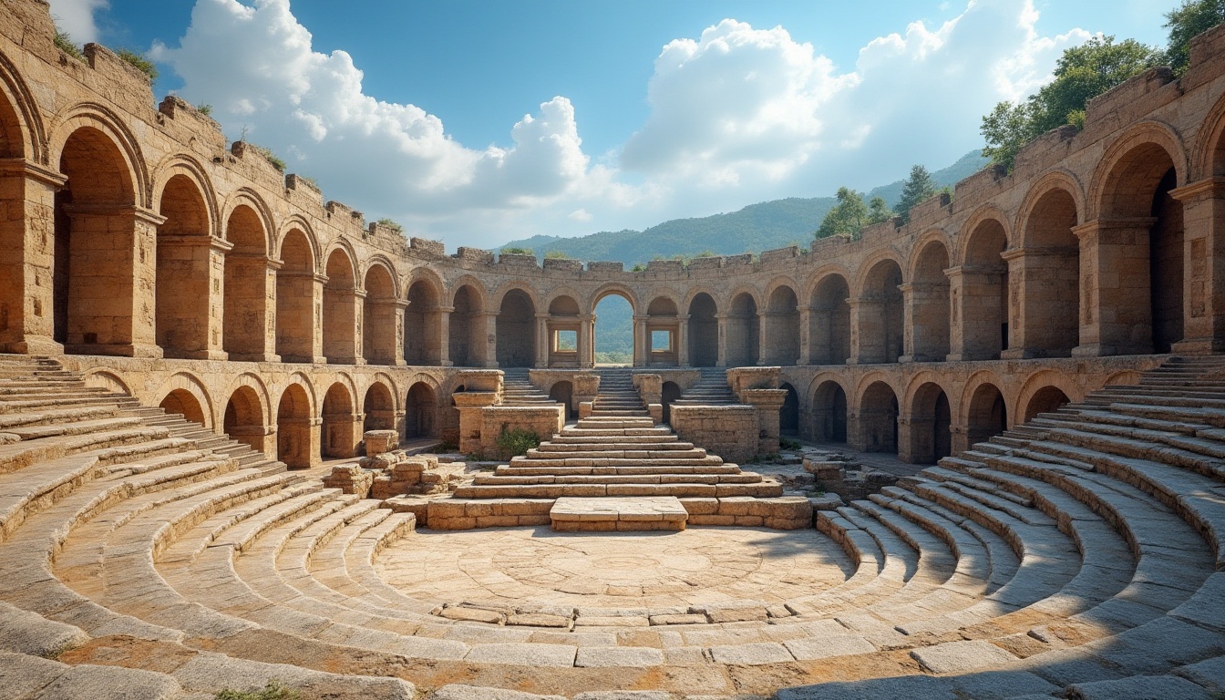 Prompt: Ancient Romanesque amphitheater, stone arches, robust columns, ornate capitals, rounded apses, elevated podium, tiered seating, rustic stonework, earthy tones, Mediterranean landscape, blue skies, warm sunlight, dramatic shadows, atmospheric perspective, symmetrical composition, classic proportions, intricate carvings, weathered textures, ambient occlusion.