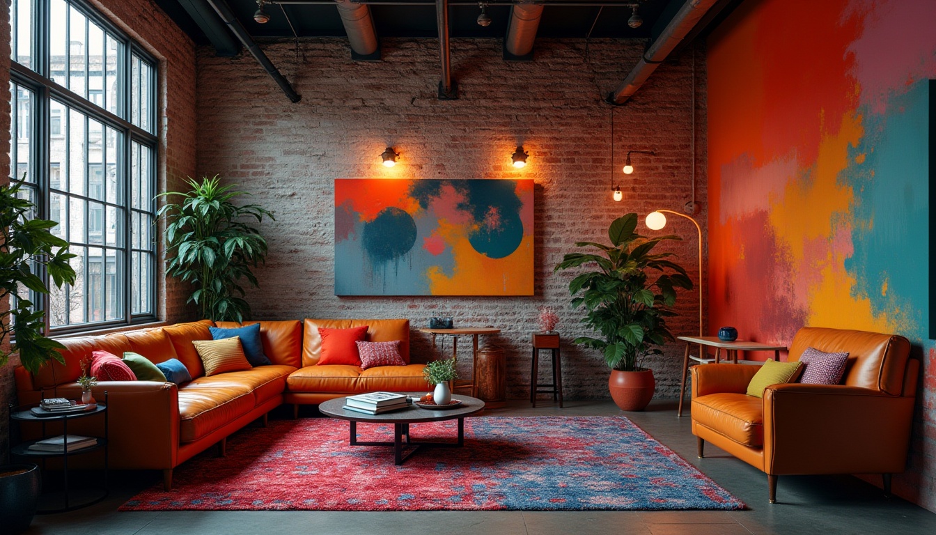 Prompt: Vibrant color accents, bold geometric patterns, eclectic furniture pieces, modern industrial decor, exposed brick walls, sleek metal fixtures, abstract artwork, pop art inspirations, neon lights, urban loft atmosphere, dramatic shadows, high contrast lighting, 3/4 composition, shallow depth of field, realistic textures, ambient occlusion.