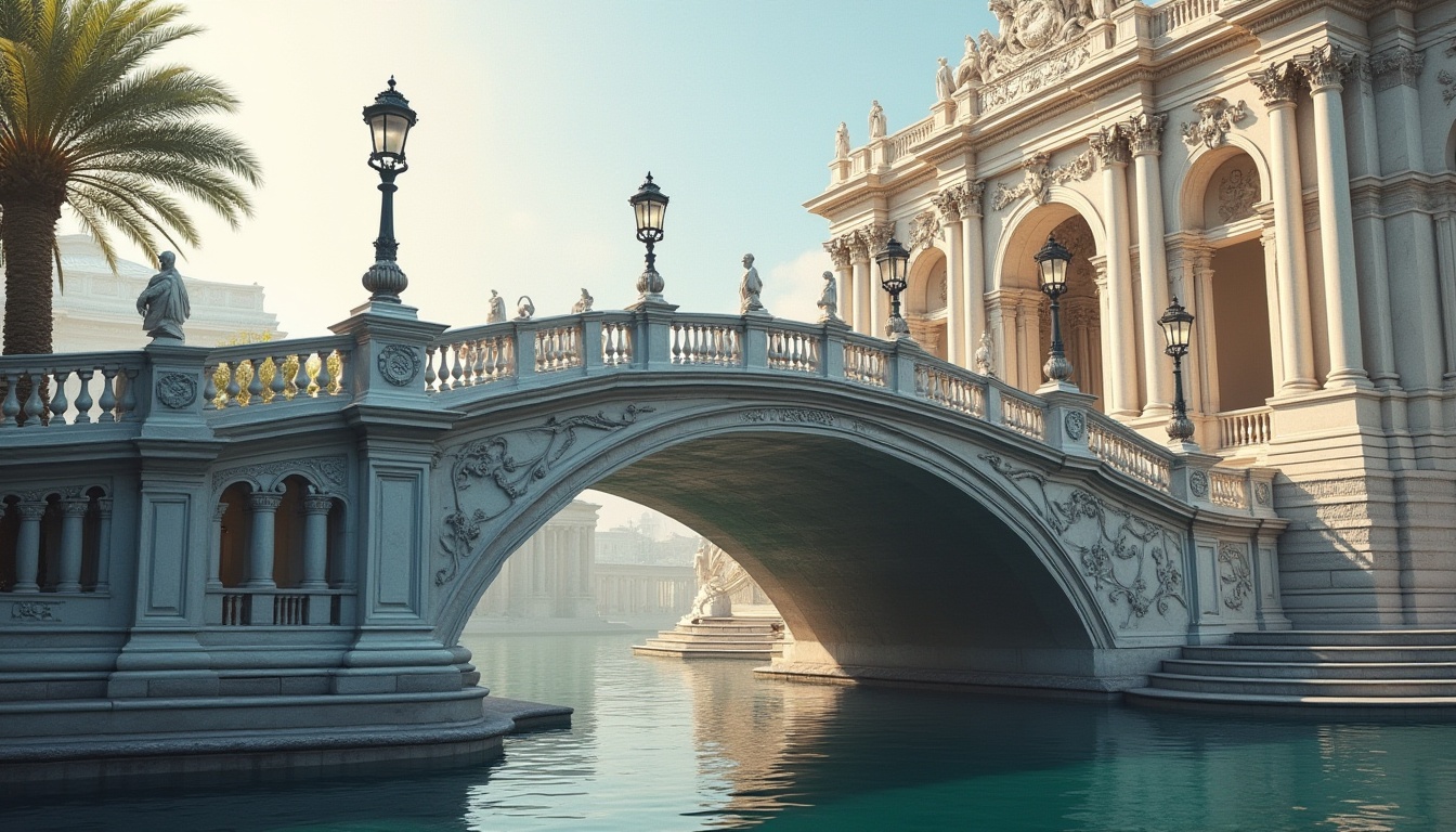 Prompt: Elegant bridge structure, ornate balustrades, decorative pilasters, grand arches, intricate carvings, neoclassical columns, ornamental lamp posts, refined stone materials, subtle moldings, dignified statues, serene water reflections, soft morning light, shallow depth of field, 1/2 composition, symmetrical framing, realistic textures, ambient occlusion.